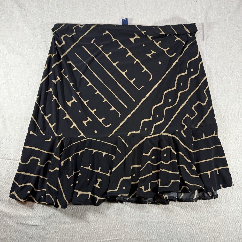 Chaps Black Tan Abstract Tribal Geometric Flounce Ruffle Pull On Skirt Size XL